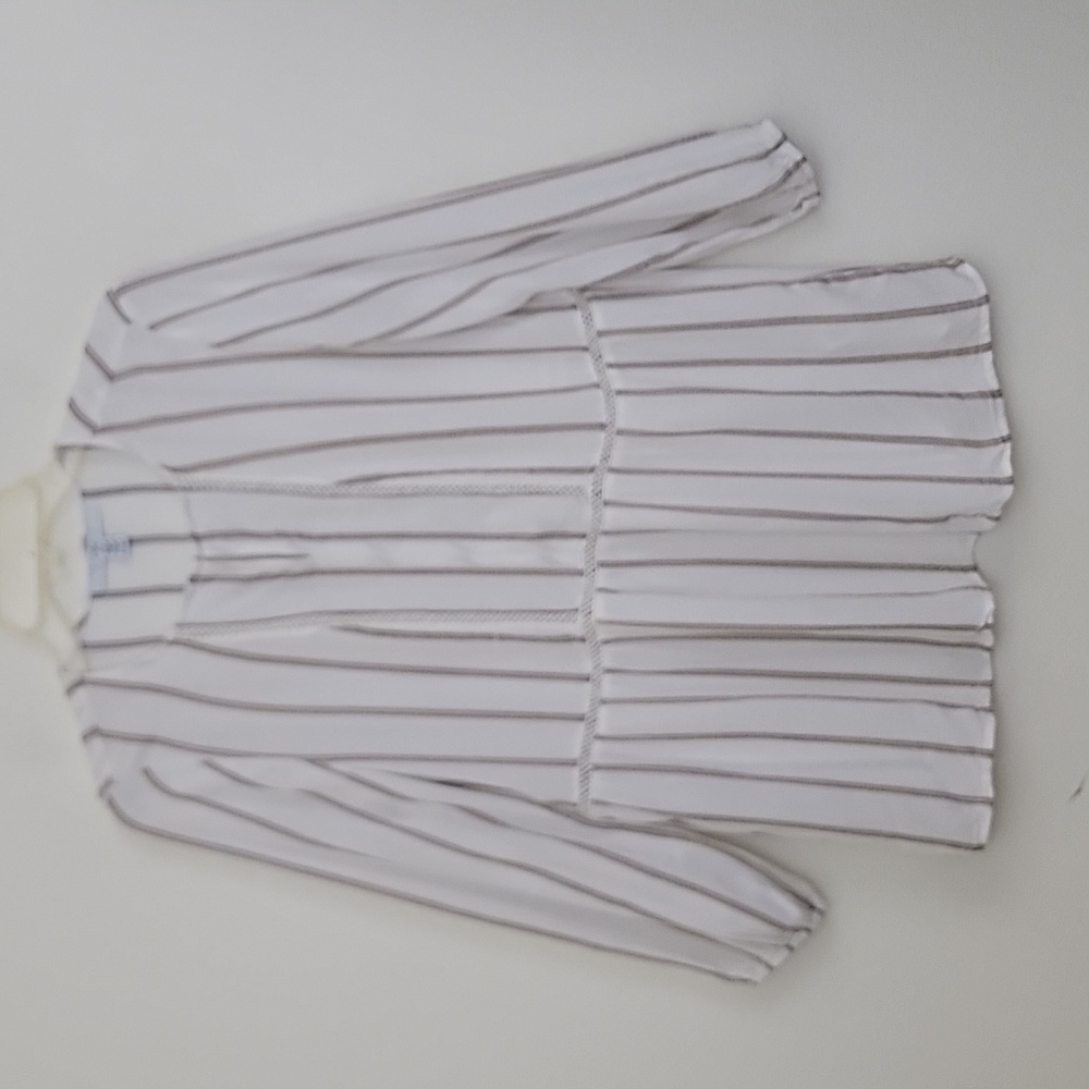 Fever Boho White w/ Tan & Black Vertical Stripes Long Sleeve Rayon Top S